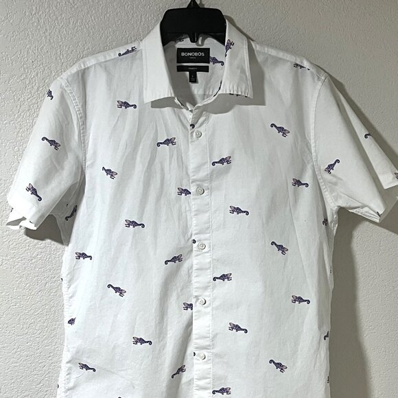 Bonobos White CASUAL button Front shirt Alligator Print Short Sleeve Men's LG - Picture 1 of 7